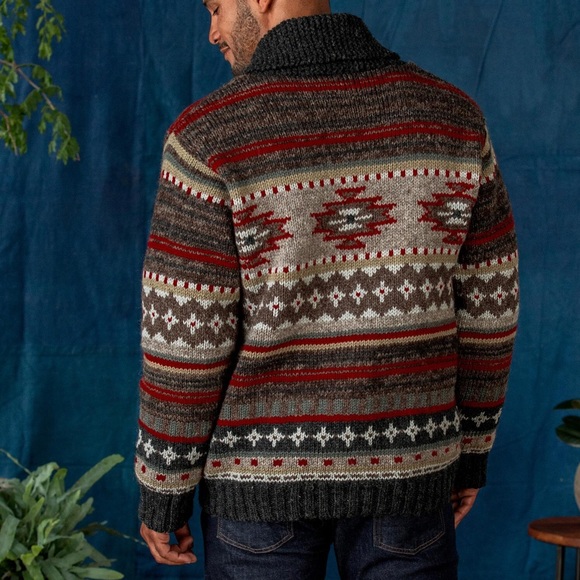 Handmade mens wool cardigan southwest geometric design fleece lined pockets XXL - Picture 3 of 6